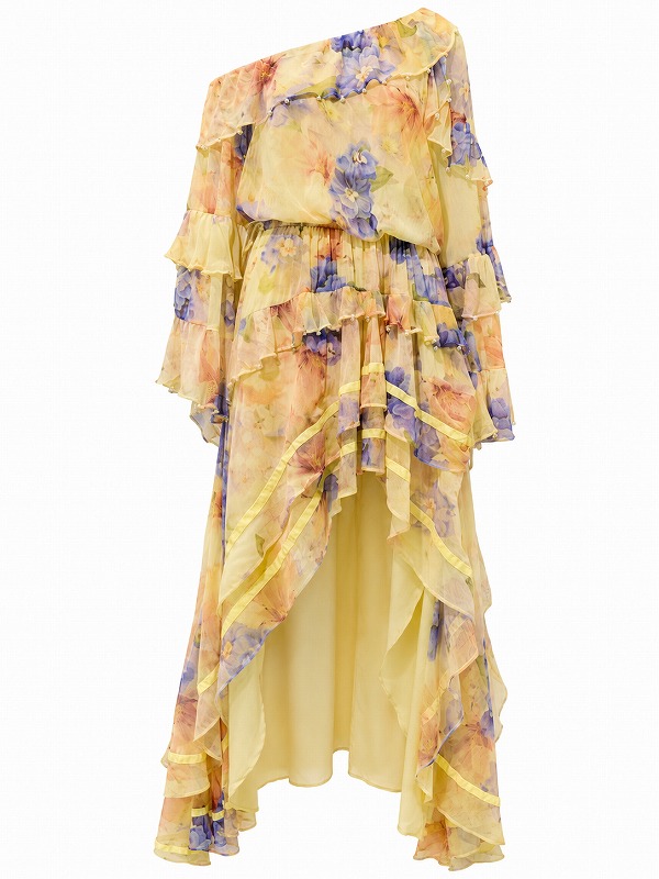 【新品DRESS 4180】花柄サイドオフショルパール付きティアードフィッシュテールフレアロングドレス イエロー【asos】
